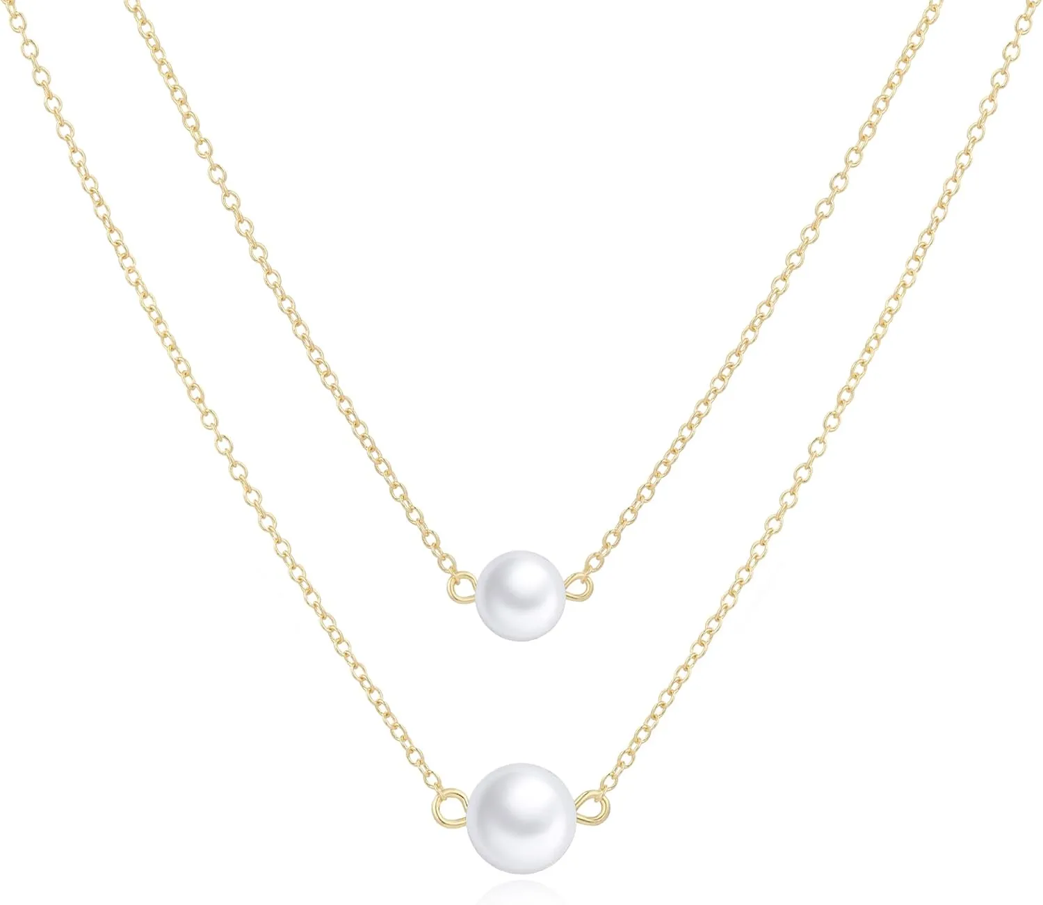 Pearl Necklaces for Women 14k Gold Plated Dainty Choker Layered Pearls Pendant Necklace for Girls Cute Simple Faux Pearl Necklace Trendy Thin Small Drop Chain Wedding Prom Bridal Jewelry Gift