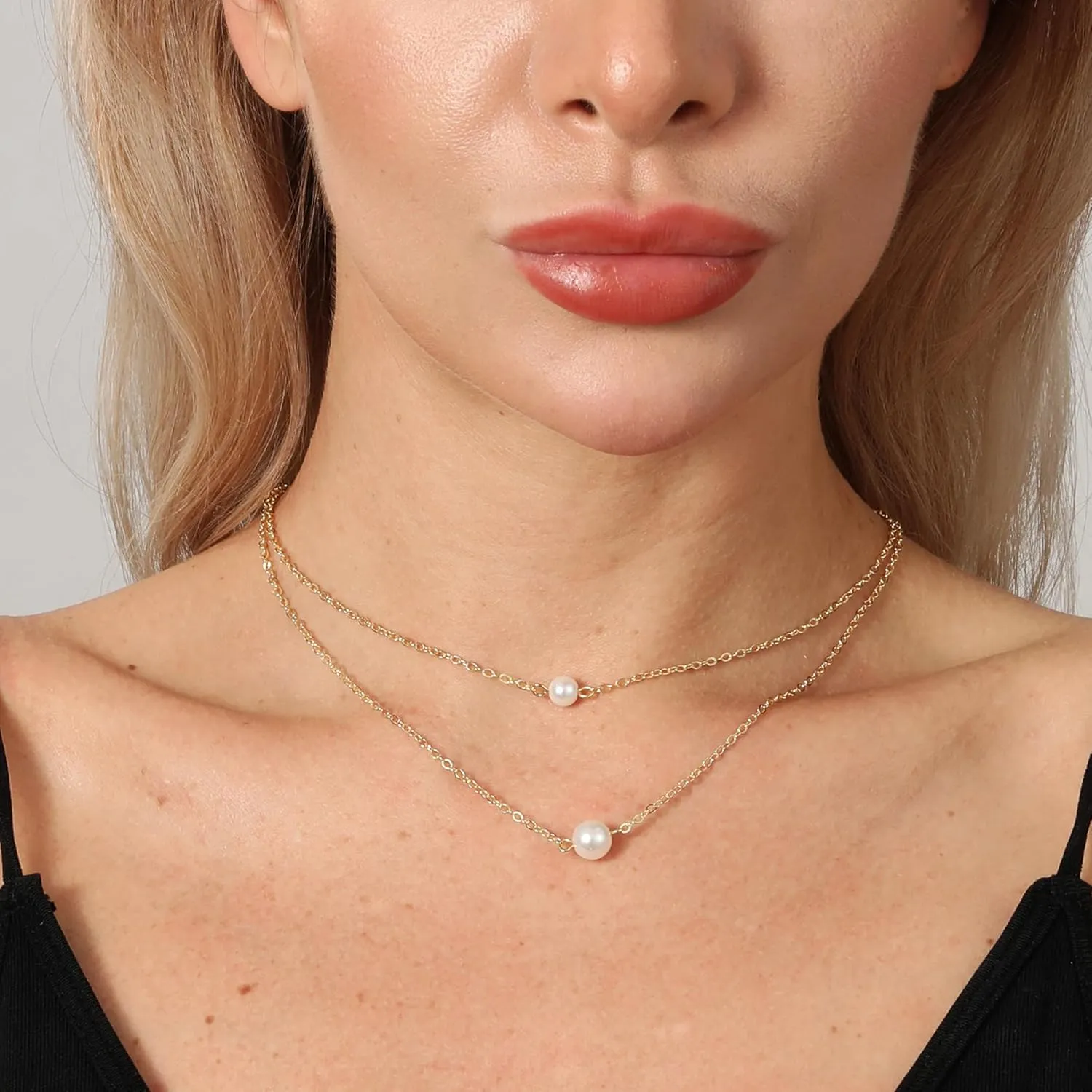 Pearl Necklaces for Women 14k Gold Plated Dainty Choker Layered Pearls Pendant Necklace for Girls Cute Simple Faux Pearl Necklace Trendy Thin Small Drop Chain Wedding Prom Bridal Jewelry Gift