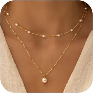 Pearl Necklaces for Women Dainty 14K Gold/Silver Plated Layered Simple Pearl Choker Necklaces Cute Single White Pearl Necklace Teen Gift Trendy Stuff Bridesmaid Gifts Wedding Jewelry