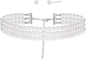 Pearl Necklaces for Women, Elegant Pearl Necklace and Earring Set, Costume Jewelry Layered Long Pearls Choker Necklaces Jewelry Set for Women, Accessory for Performance Costumes Evening Gowns Dresses