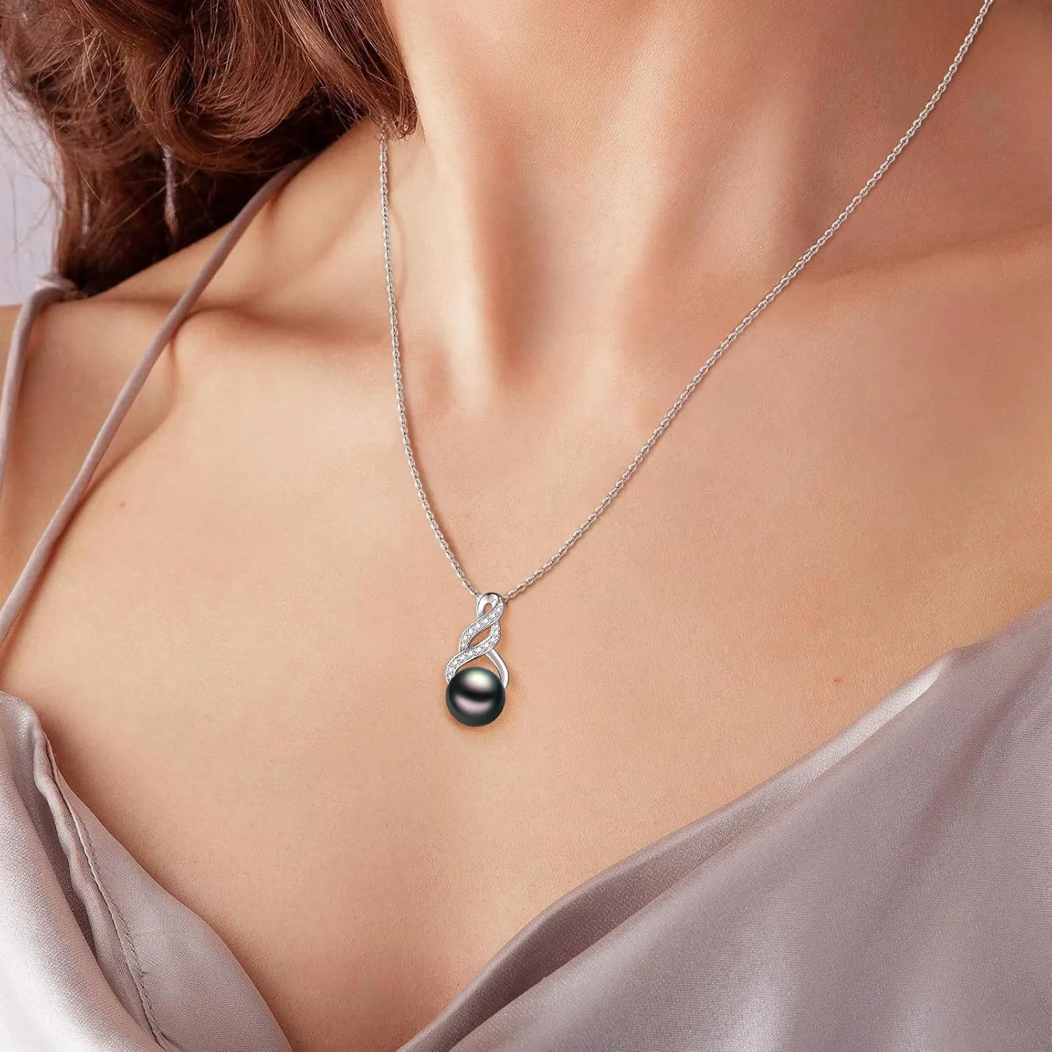 Pearl Necklaces for Women - Infinity Round White/Black Bow Tie/Infinity Necklaces Pearl Jewelry Gifts 925 Sterling Silver Pearl Pendant Necklace with Rose Box Anniversary Her Wife Mother