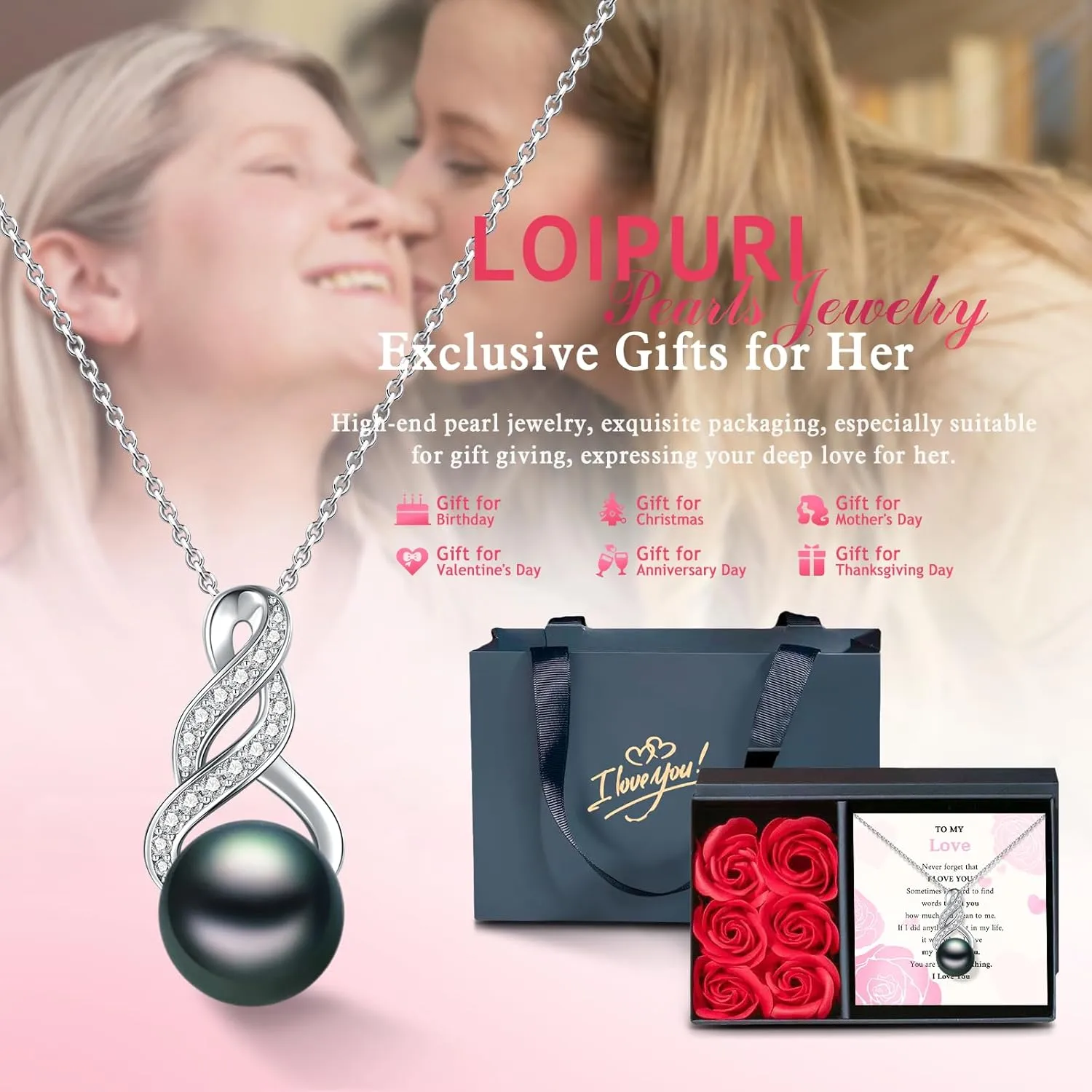Pearl Necklaces for Women - Infinity Round White/Black Bow Tie/Infinity Necklaces Pearl Jewelry Gifts 925 Sterling Silver Pearl Pendant Necklace with Rose Box Anniversary Her Wife Mother
