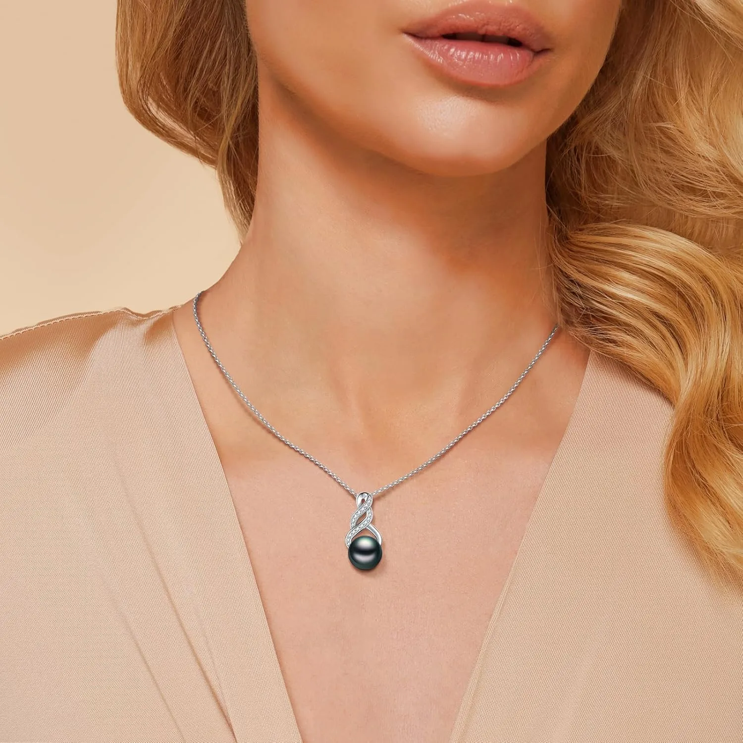 Pearl Necklaces for Women - Infinity Round White/Black Bow Tie/Infinity Necklaces Pearl Jewelry Gifts 925 Sterling Silver Pearl Pendant Necklace with Rose Box Anniversary Her Wife Mother