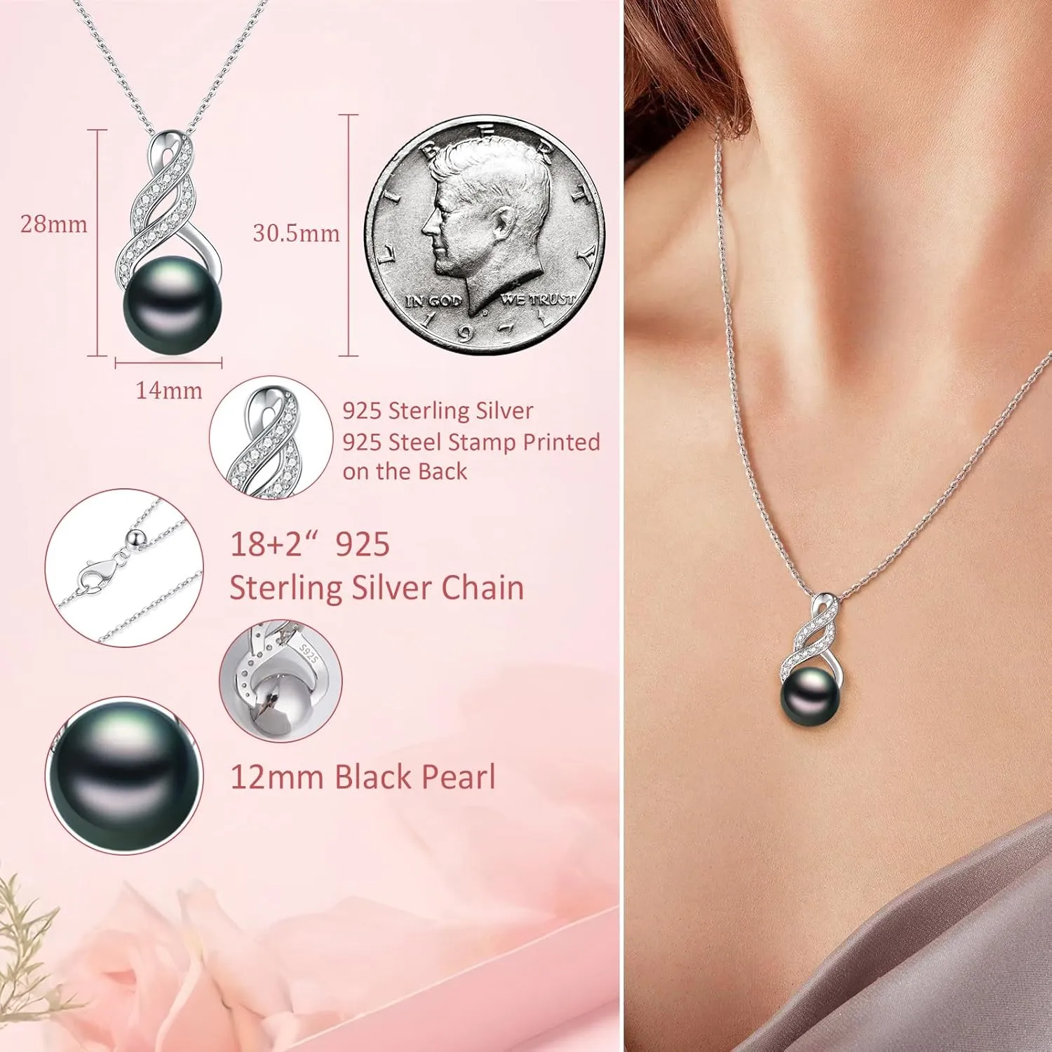 Pearl Necklaces for Women - Infinity Round White/Black Bow Tie/Infinity Necklaces Pearl Jewelry Gifts 925 Sterling Silver Pearl Pendant Necklace with Rose Box Anniversary Her Wife Mother
