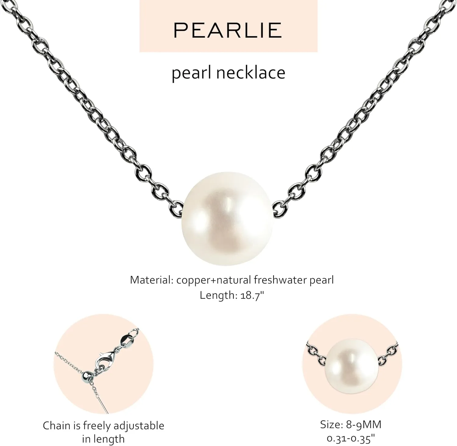 PEARLIE Dainty Necklaces for Women, 8-9MM Round Bead Natrual Pearl Necklace, Handpick Freshwater Cultured Pearl Beads Choker for for Charm Women V Neck Dress Accessorie