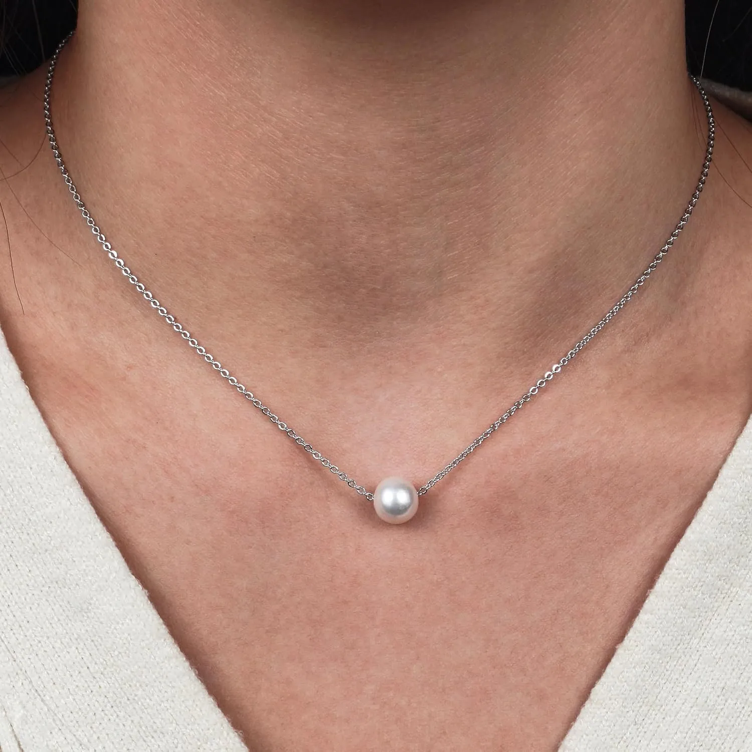 PEARLIE Dainty Necklaces for Women, 8-9MM Round Bead Natrual Pearl Necklace, Handpick Freshwater Cultured Pearl Beads Choker for for Charm Women V Neck Dress Accessorie