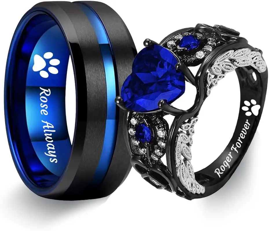 Personalized Couple Rings Set Black Promise Rings for Him and Her Customizable engagement rings for couples set Blue Couple Custom Wedding Rings Set (Couple Ring)