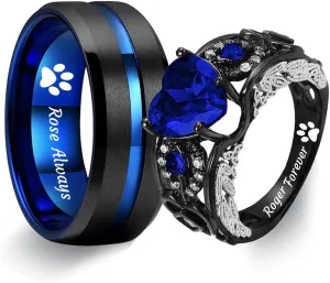 Personalized Couple Rings Set Black Promise Rings for Him and Her Customizable engagement rings for couples set Blue Couple Custom Wedding Rings Set (Couple Ring)
