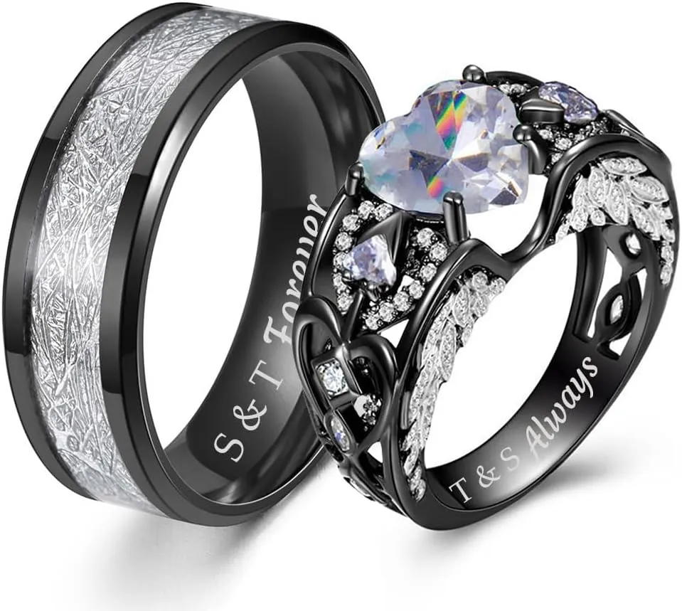 Personalized Couple Rings Set Black Promise Rings for Him and Her Customizable engagement rings for couples set red Couple Custom Wedding Rings Set (Couple Ring)