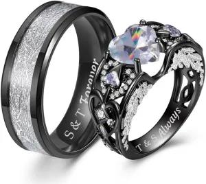 Personalized Couple Rings Set Black Promise Rings for Him and Her Customizable engagement rings for couples set red Couple Custom Wedding Rings Set (Couple Ring)
