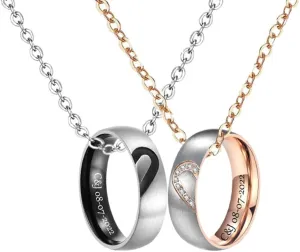 Personalized Matching Heart Promise Rings for Couples Stainless Steel Custom Engraved Couples Rings for Him and Her Necklace Couple Necklace Customize Anniversary Valentine's Day Jewelry Gift,Size 5-13