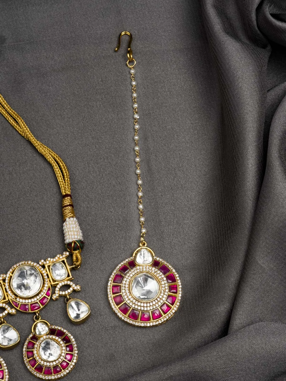 Pink Color Gold Plated Moissanite Bridal Necklace Set - MO-S2WP