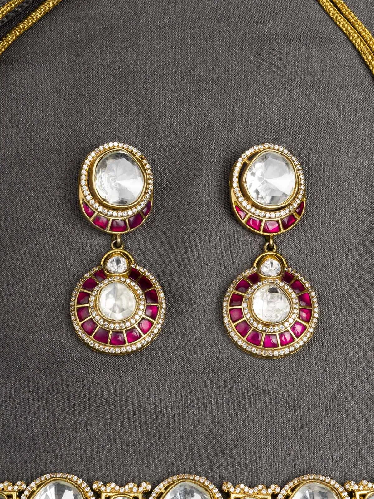 Pink Color Gold Plated Moissanite Bridal Necklace Set - MO-S2WP