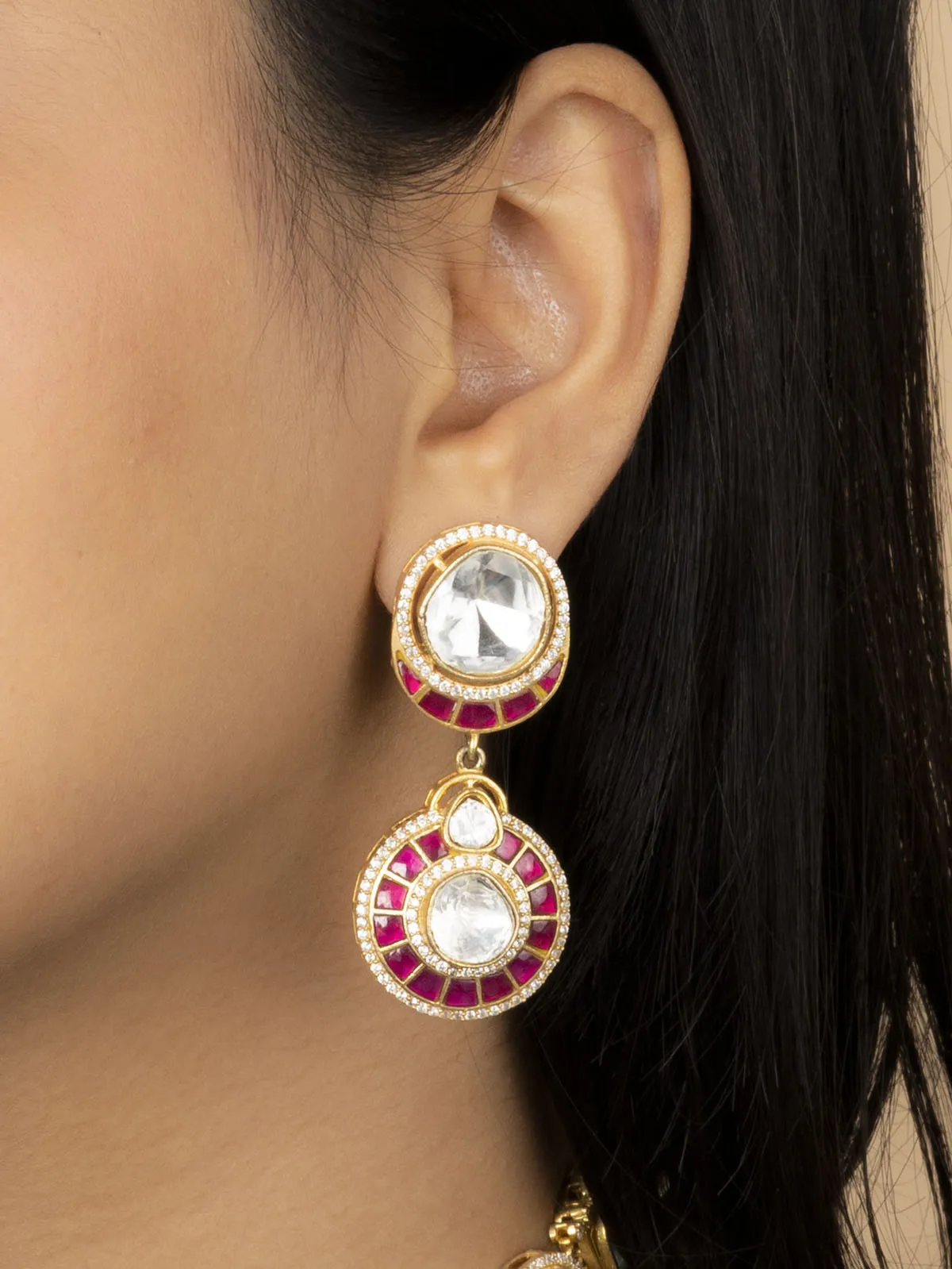 Pink Color Gold Plated Moissanite Bridal Necklace Set - MO-S2WP