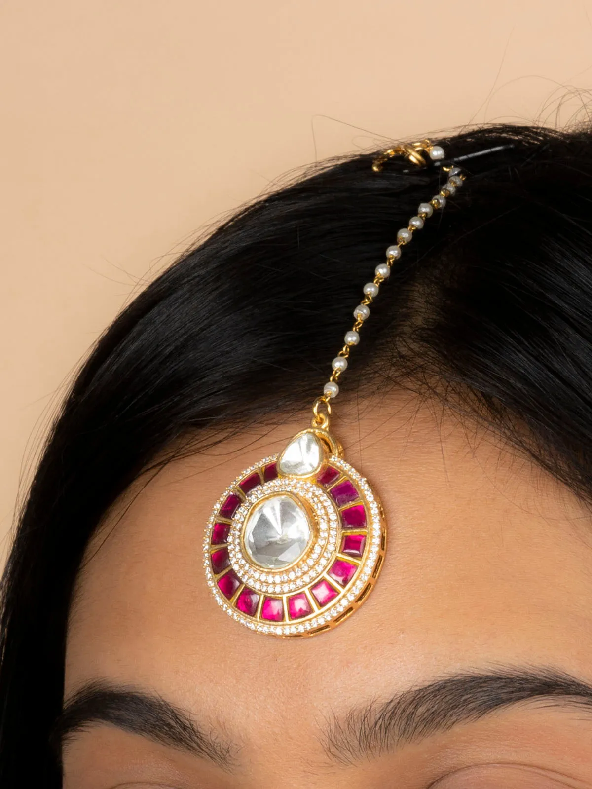Pink Color Gold Plated Moissanite Bridal Necklace Set - MO-S2WP