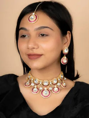 Pink Color Gold Plated Moissanite Bridal Necklace Set - MO-S2WP