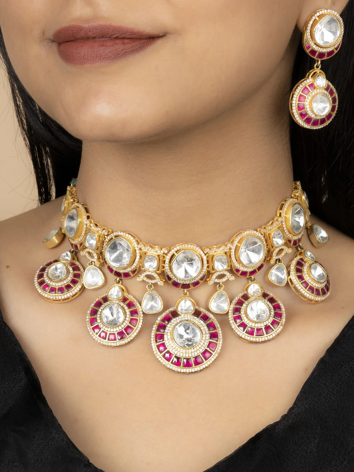 Pink Color Gold Plated Moissanite Bridal Necklace Set - MO-S2WP