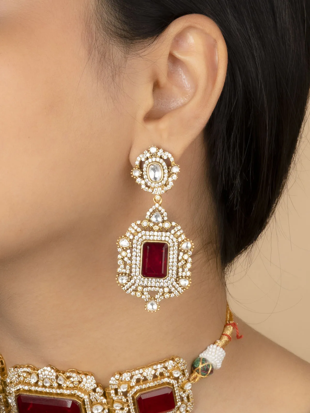 Pink Color Gold Plated Moissanite Necklace Set - MO-S30WP