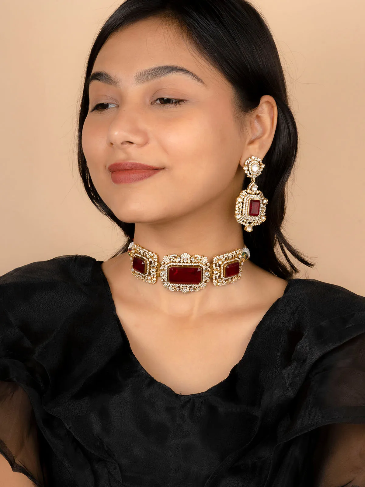Pink Color Gold Plated Moissanite Necklace Set - MO-S30WP