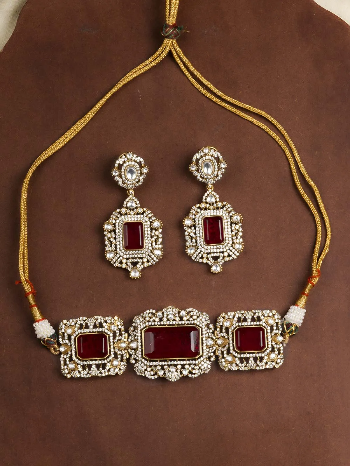 Pink Color Gold Plated Moissanite Necklace Set - MO-S30WP