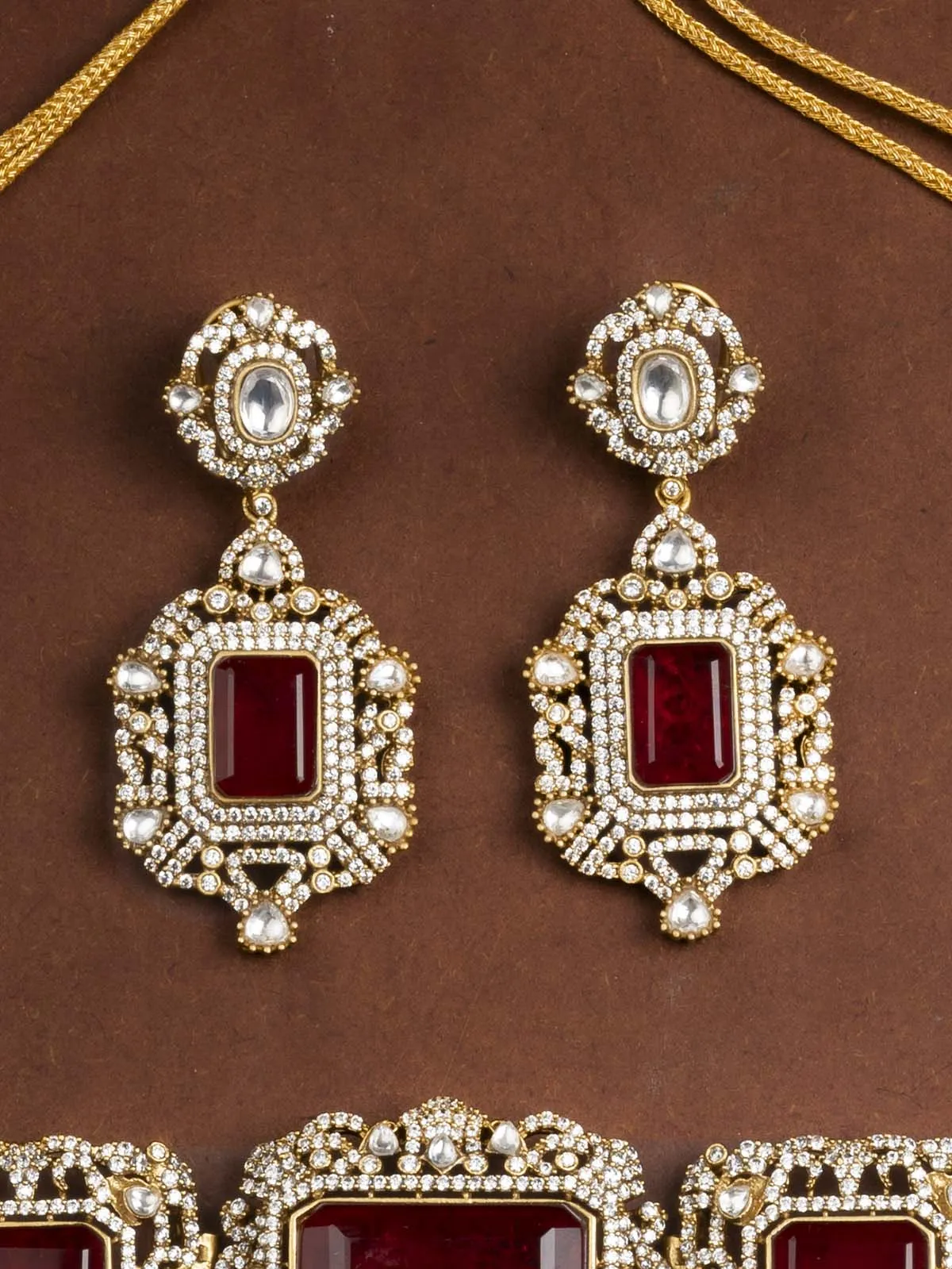 Pink Color Gold Plated Moissanite Necklace Set - MO-S30WP