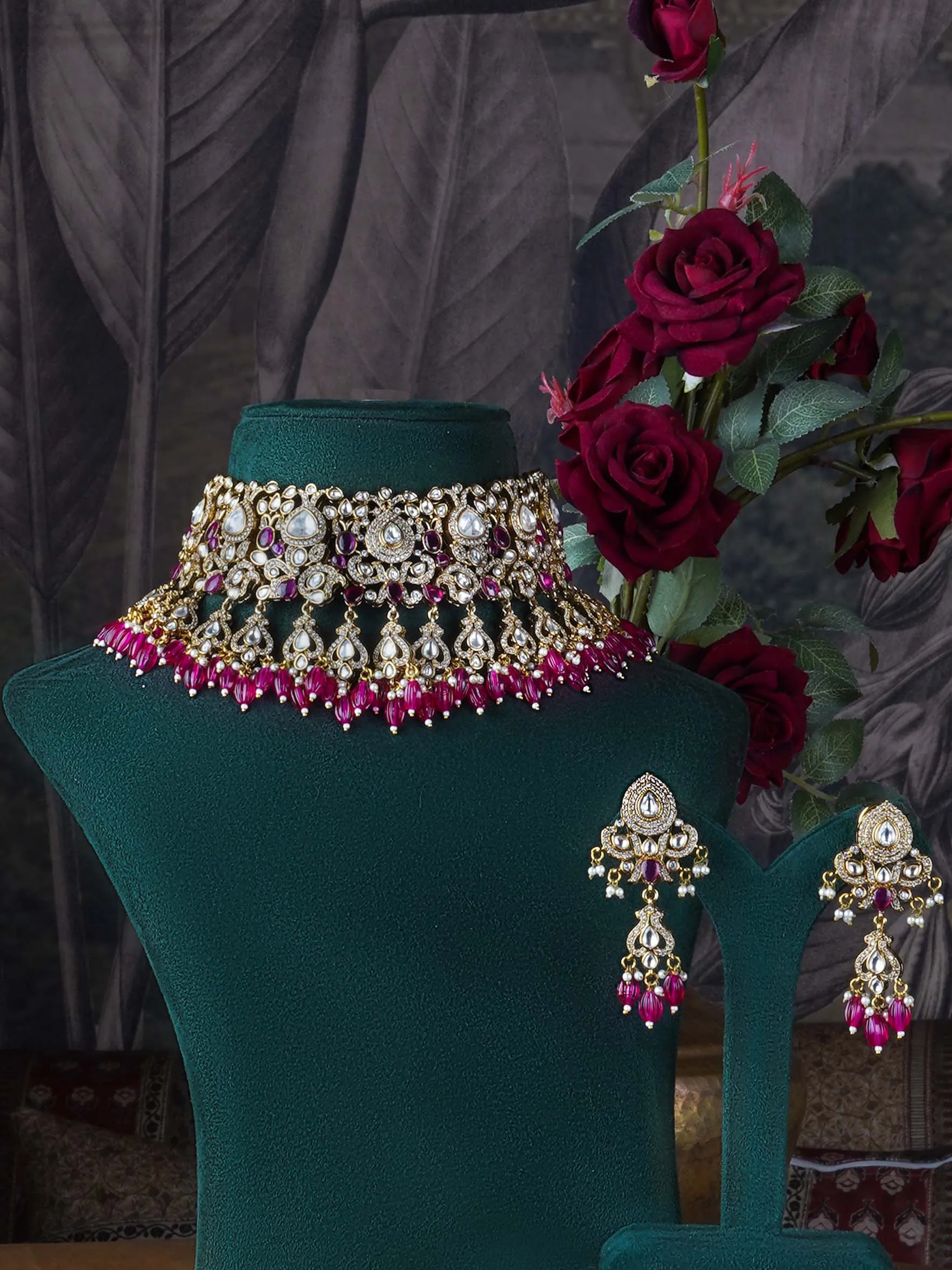 Pink Color Gold Plated Moissanite Necklace Set - MO-S64WP