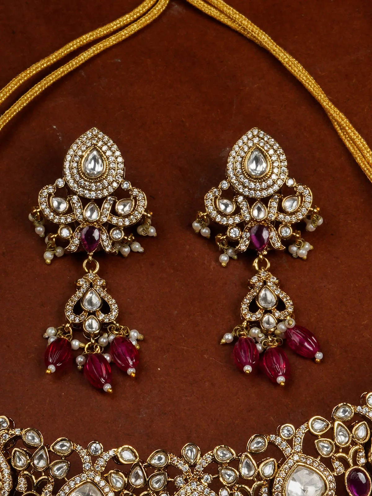 Pink Color Gold Plated Moissanite Necklace Set - MO-S64WP