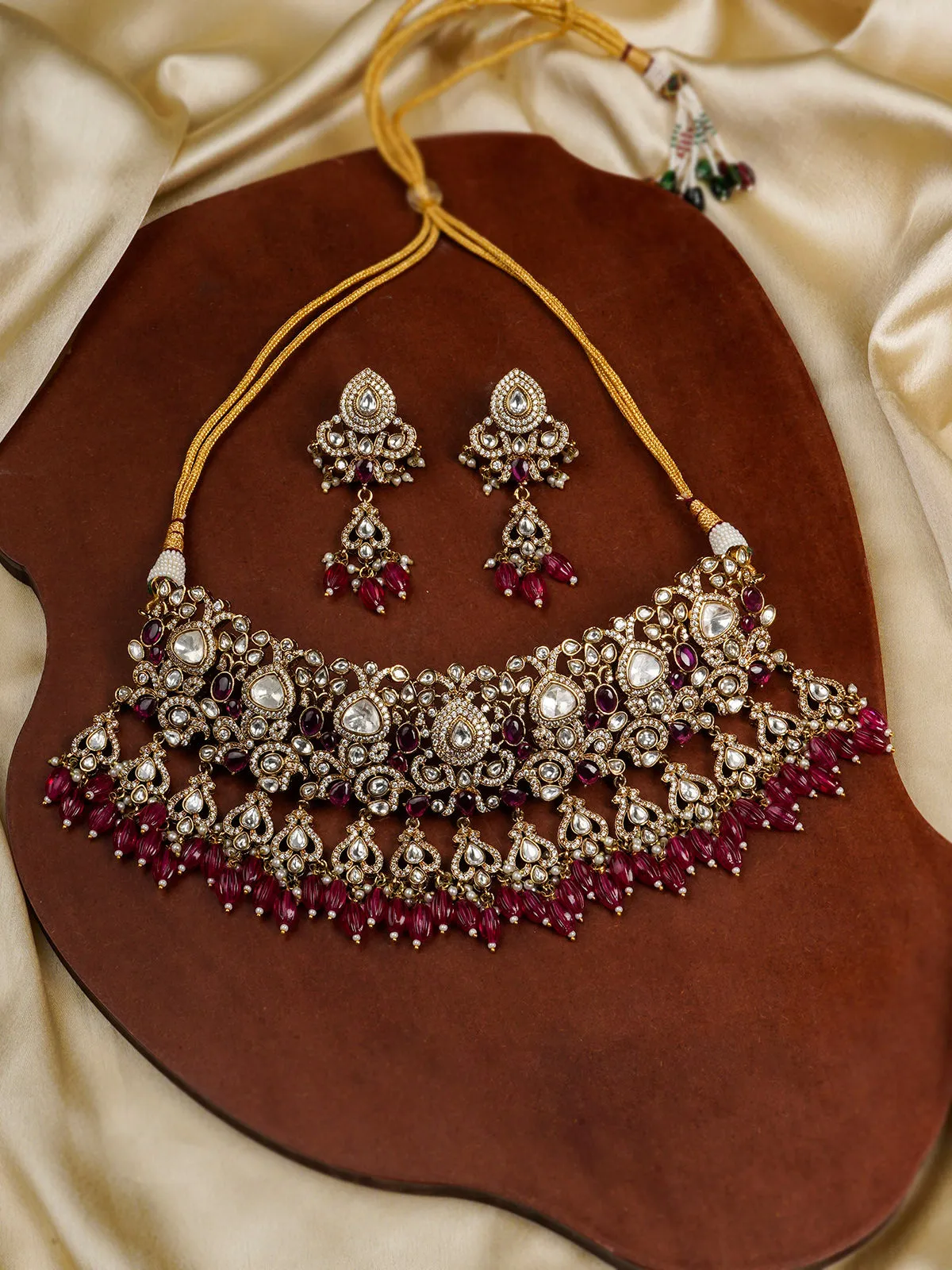 Pink Color Gold Plated Moissanite Necklace Set - MO-S64WP