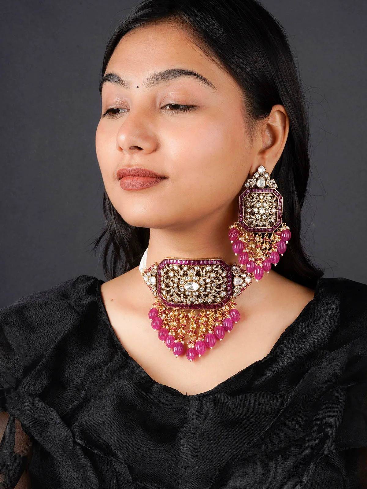 Pink Color Moissanite Necklace Set - MO-S76P