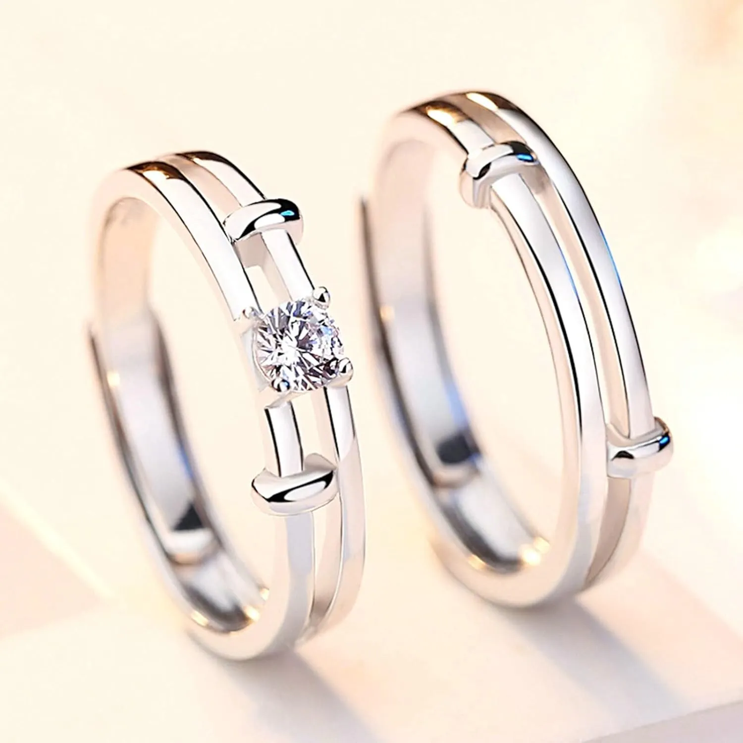 Promise Rings for Her and Him, Engagement Rings for Couples Elegant Personalized Adjustable 925 Sterling Silver Simple Ring with Cubic Zirconia