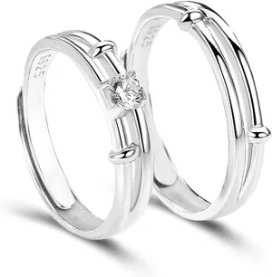Promise Rings for Her and Him, Engagement Rings for Couples Elegant Personalized Adjustable 925 Sterling Silver Simple Ring with Cubic Zirconia