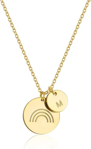 Rainbow Initial Necklaces, 14K Gold Plated Disc Coin Letter Necklace Hand Stamped Rainbow Bridge Pendant Charm Necklaces for Women