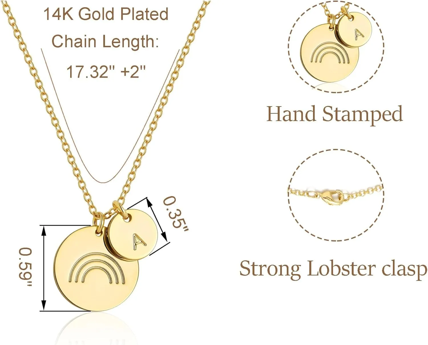 Rainbow Initial Necklaces, 14K Gold Plated Disc Coin Letter Necklace Hand Stamped Rainbow Bridge Pendant Charm Necklaces for Women