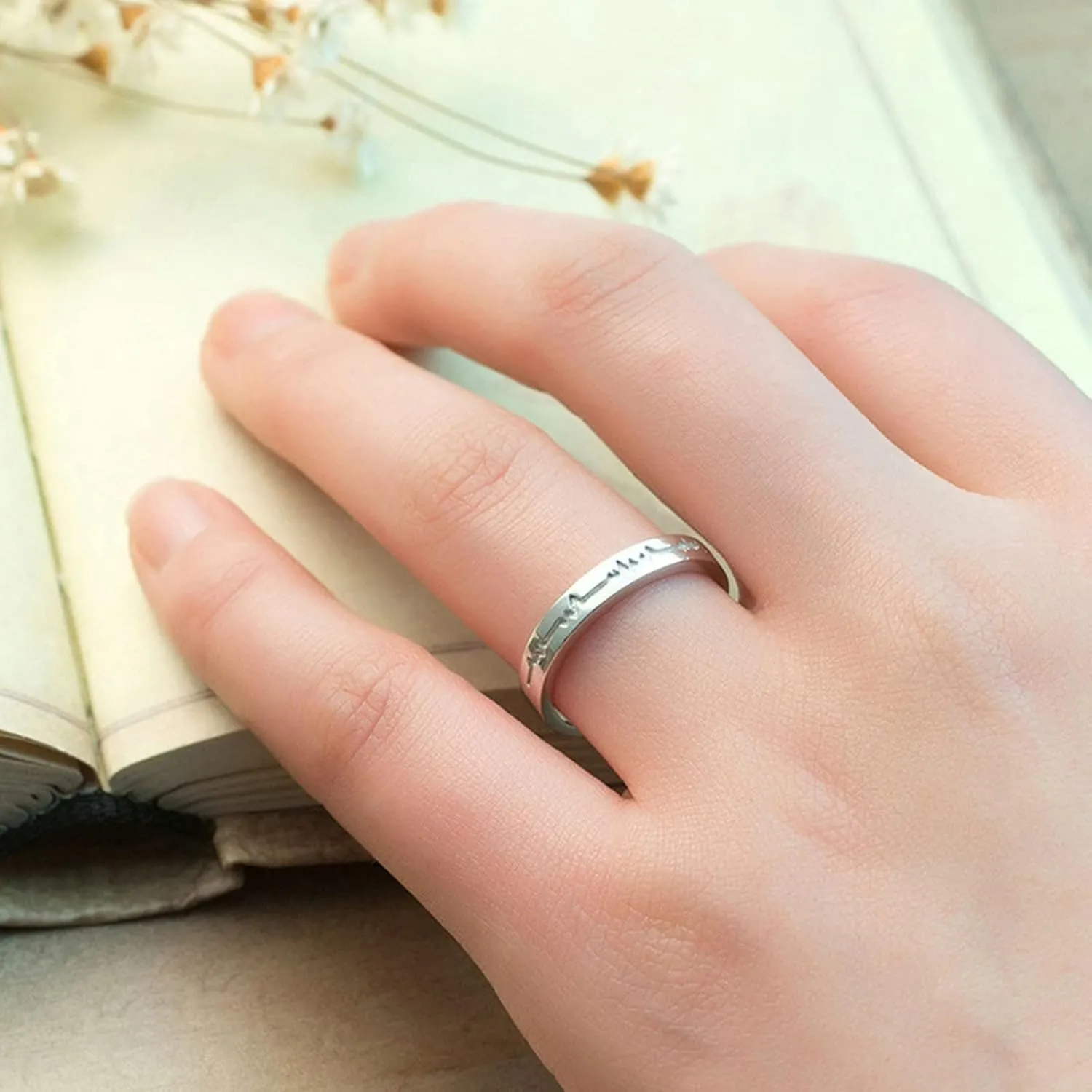 Rings for Couples Promise Rings, Engagement Rings for Couples Elegant Customizable Adjustable 925 Sterling Silver Heartbeat Ring