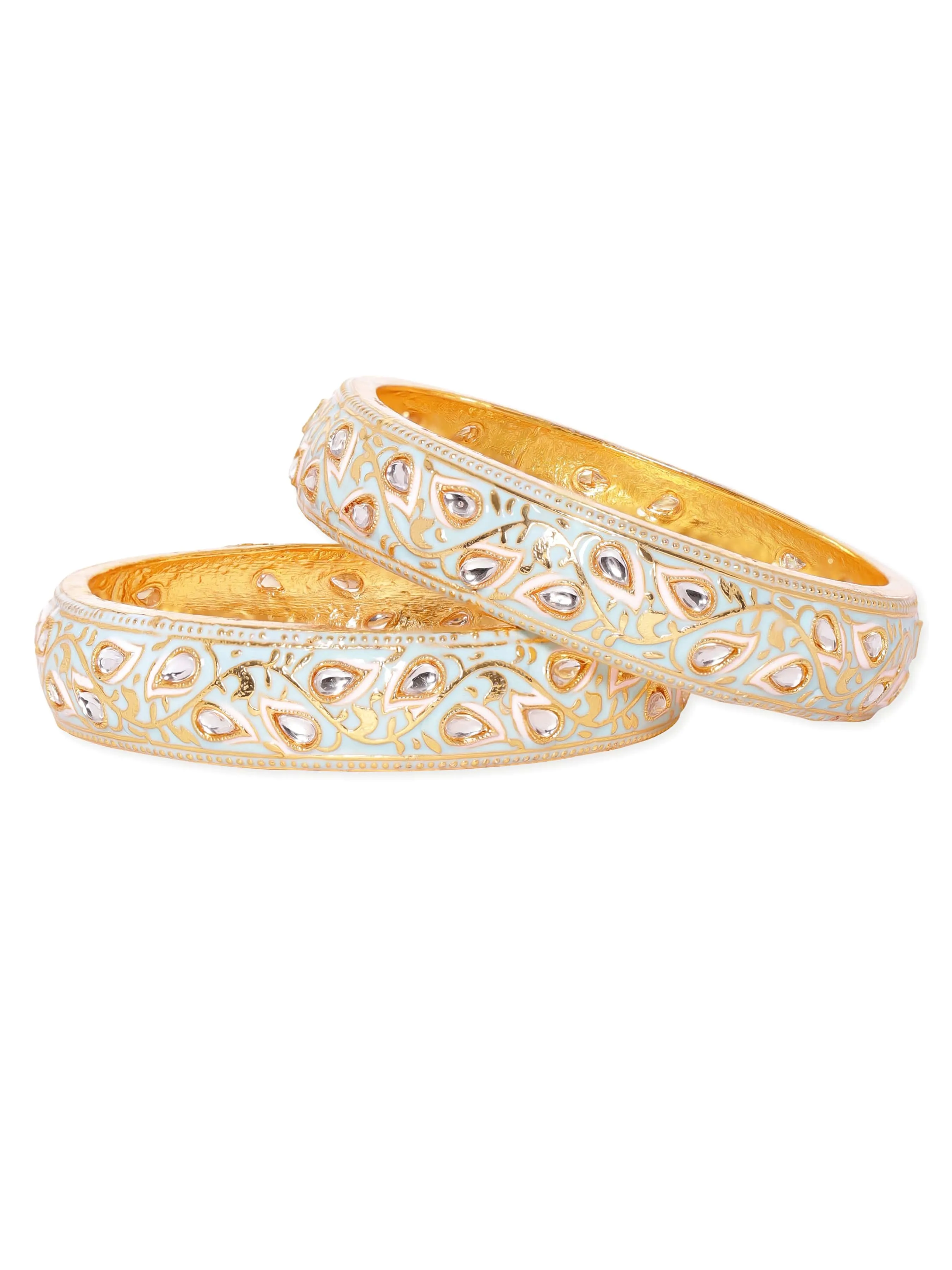 Rubans "Set of 2, 22K Gold plated Pastel enamel & Kundan studded Statement bangles