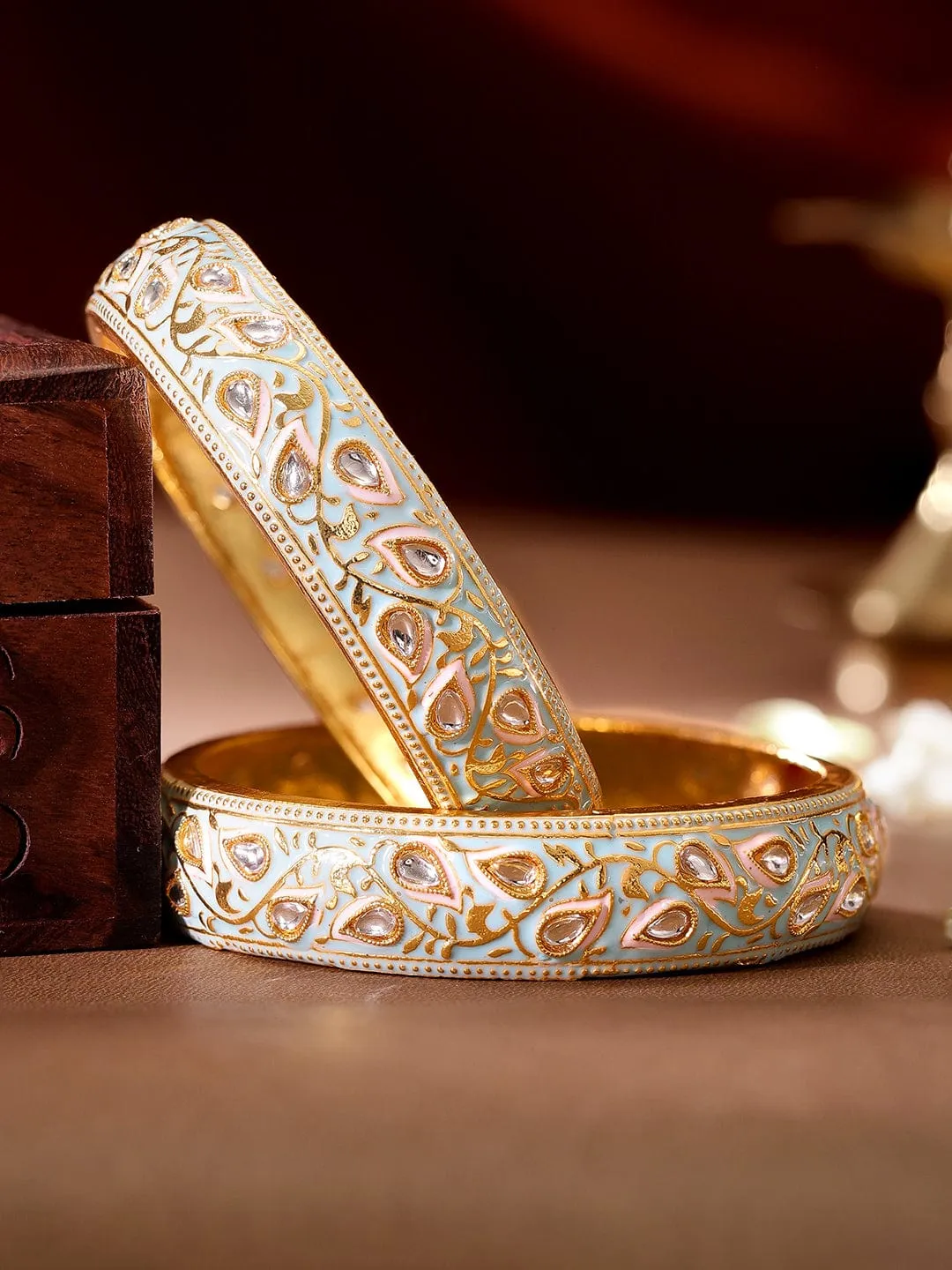 Rubans "Set of 2, 22K Gold plated Pastel enamel & Kundan studded Statement bangles