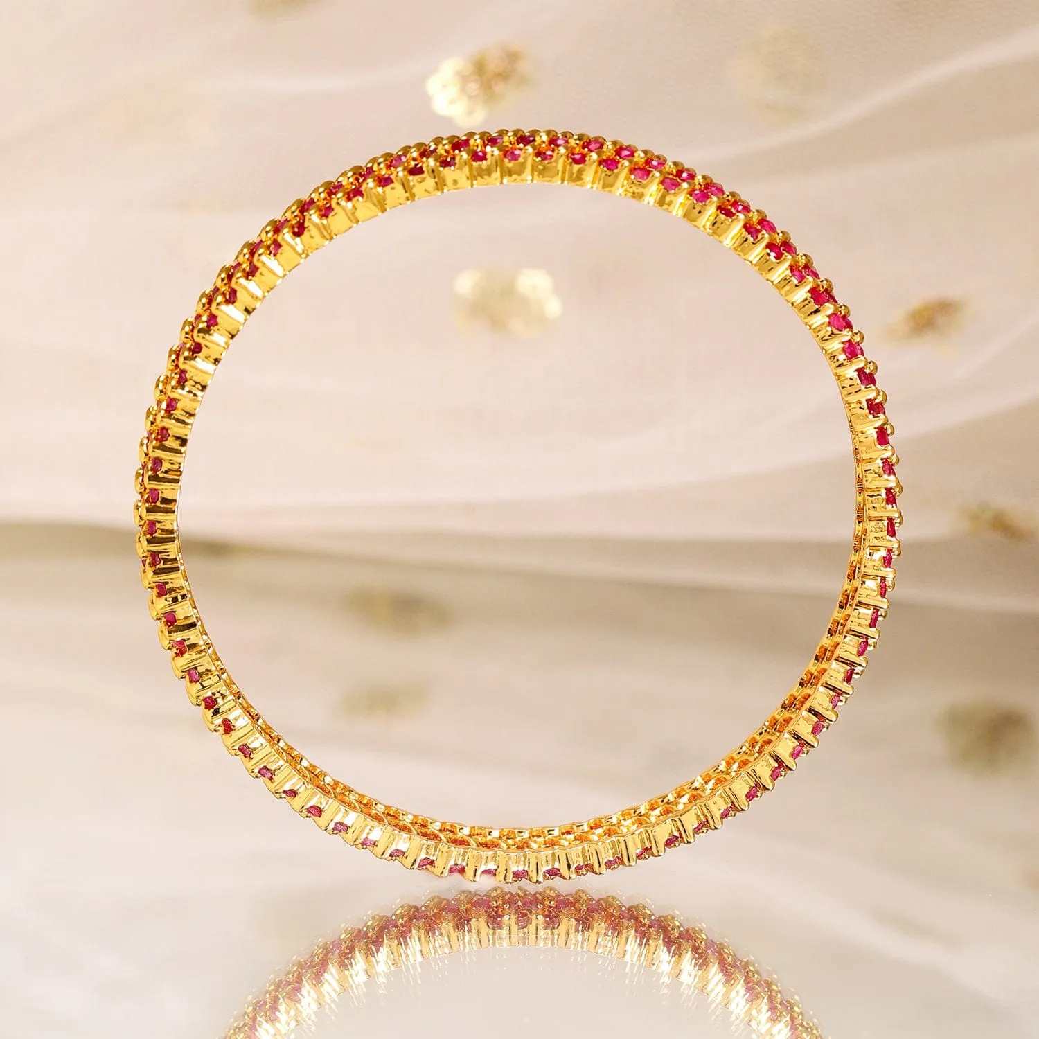 Rubans Set of 6, 22K Gold-Plated Ruby Pink Stone Studded Handcrafted Bangles