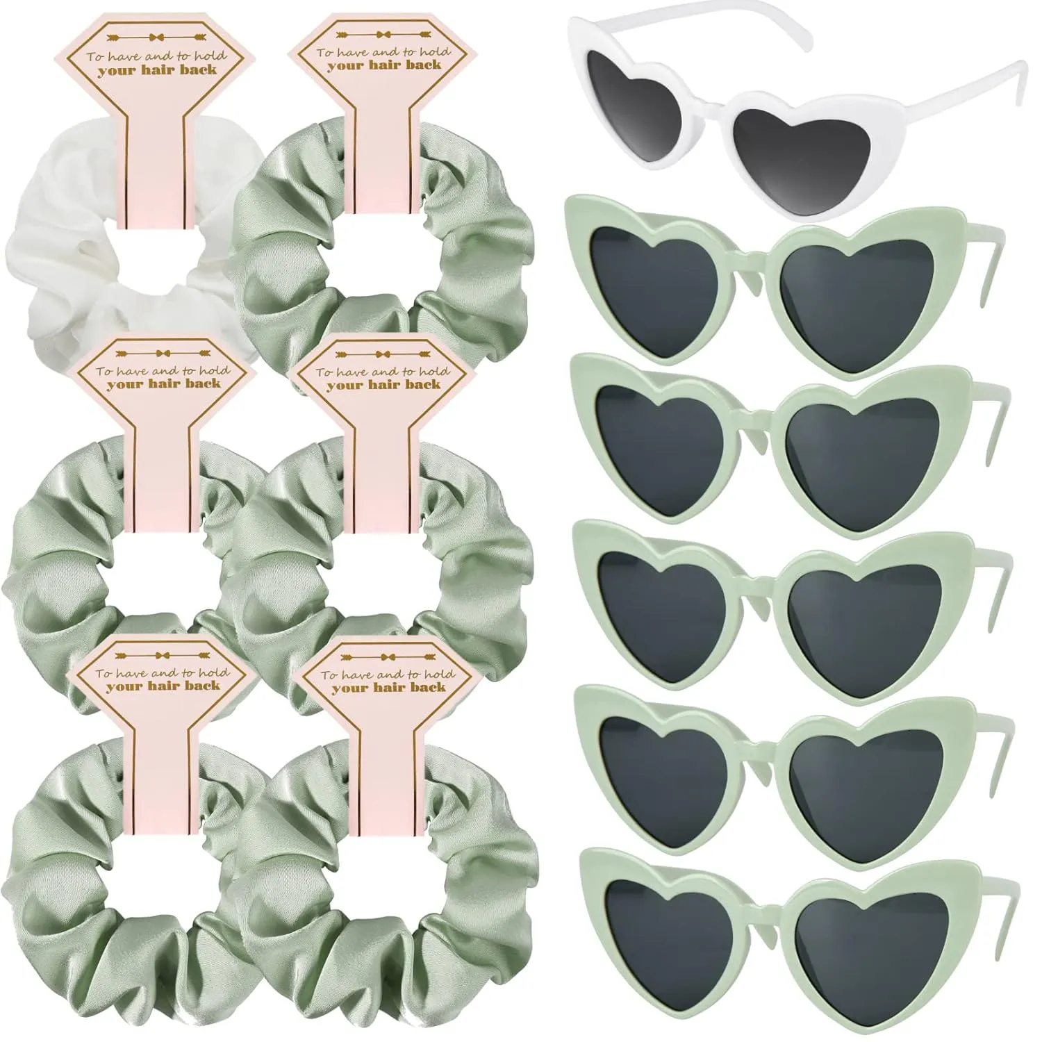 Satin Bridesmaid Scrunchies Bachelorette Hair Ties Set of 6 sunglasses Bridal Shower No Damage Hairties ideas Gift for Wedding Party Favors Bridesmaid Proposal Gifts (White&Sage Green)