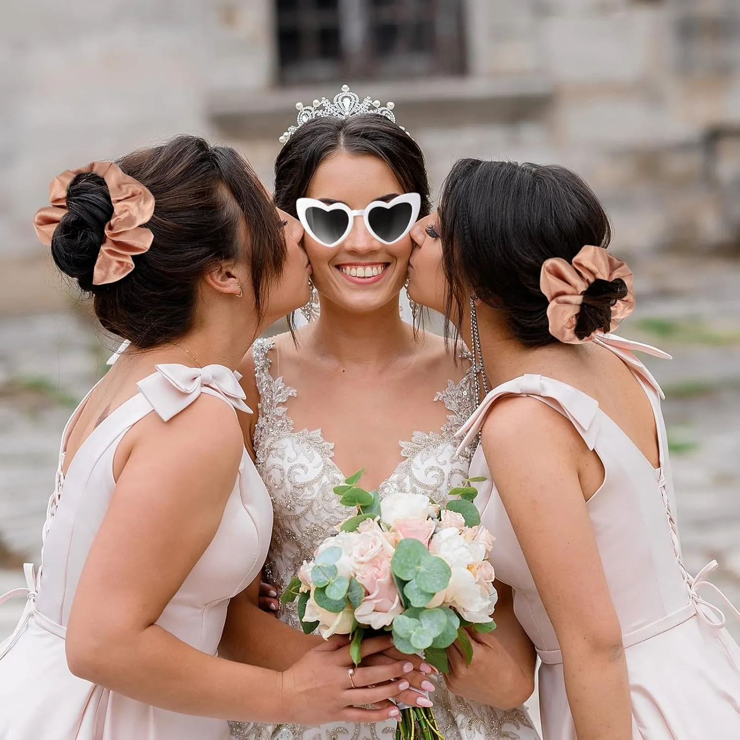 Satin Bridesmaid Scrunchies Bachelorette Hair Ties Set of 6 sunglasses Bridal Shower No Damage Hairties ideas Gift for Wedding Party Favors Bridesmaid Proposal Gifts (White&Sage Green)