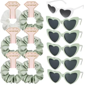 Satin Bridesmaid Scrunchies Bachelorette Hair Ties Set of 6 sunglasses Bridal Shower No Damage Hairties ideas Gift for Wedding Party Favors Bridesmaid Proposal Gifts (White&Sage Green)