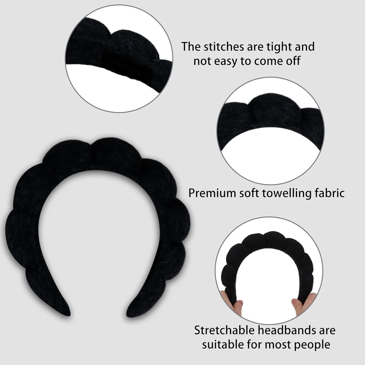 Semato 7pcs Spa Headband And Wristband Set with Velvet Scrunchies and Makeup Sponge Skincare for Washing Face Sponge Makeup Bubble Headband Beauty Gifts For Women and Girls (black)