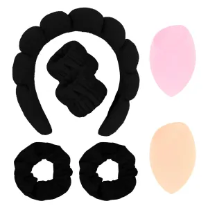 Semato 7pcs Spa Headband And Wristband Set with Velvet Scrunchies and Makeup Sponge Skincare for Washing Face Sponge Makeup Bubble Headband Beauty Gifts For Women and Girls (black)