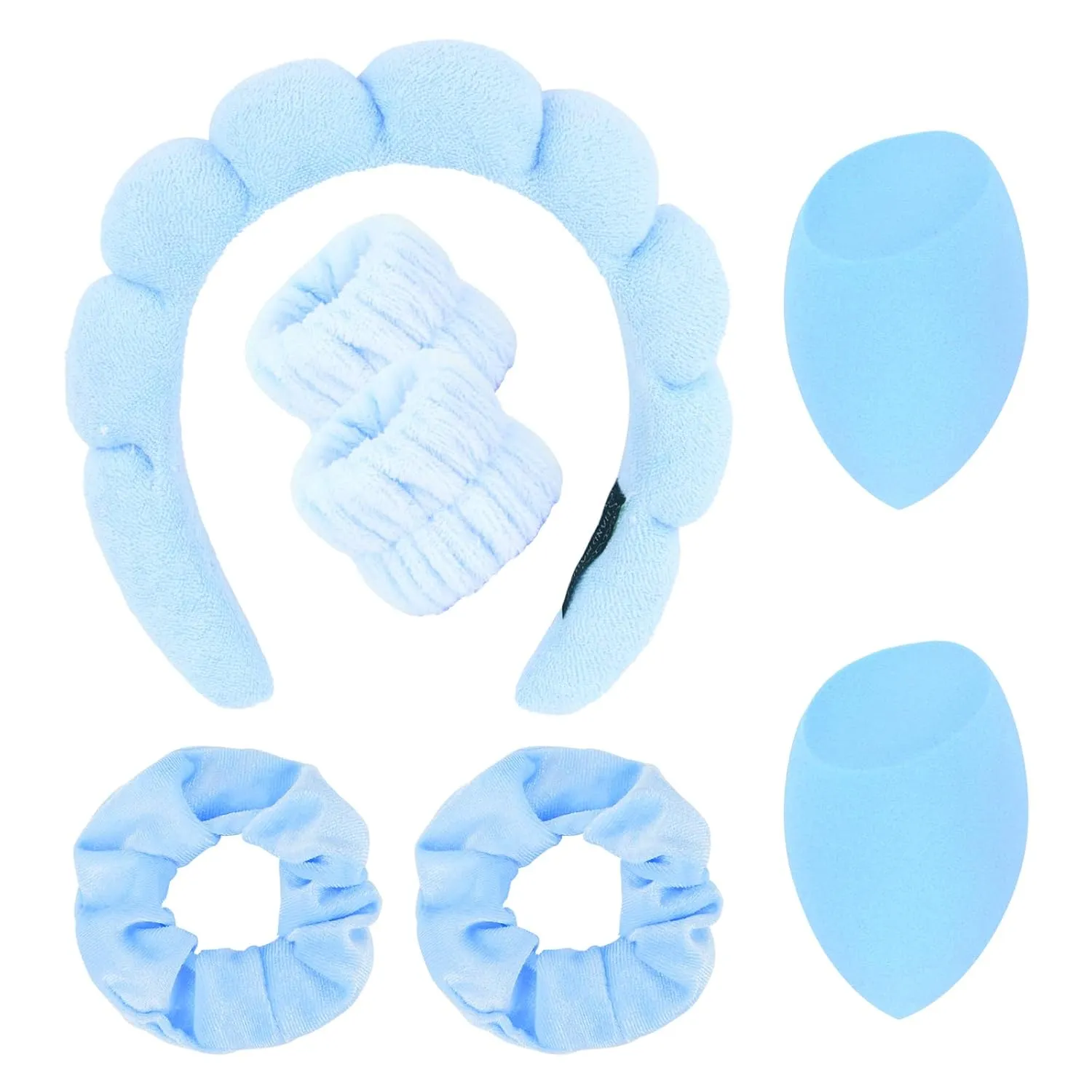 Semato 7pcs Spa Set with Velvet Scrunchies, Makeup Sponge, Bubble Headband - Beauty Gifts for Women and Girls (Blue)