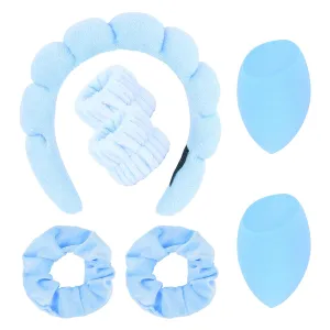 Semato 7pcs Spa Set with Velvet Scrunchies, Makeup Sponge, Bubble Headband - Beauty Gifts for Women and Girls (Blue)