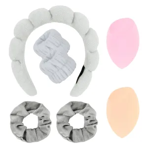 Semato 7pcs Spa Set with Velvet Scrunchies, Makeup Sponge, Wristband and Bubble Headband - Beauty Gifts for Women and Girls (gray)