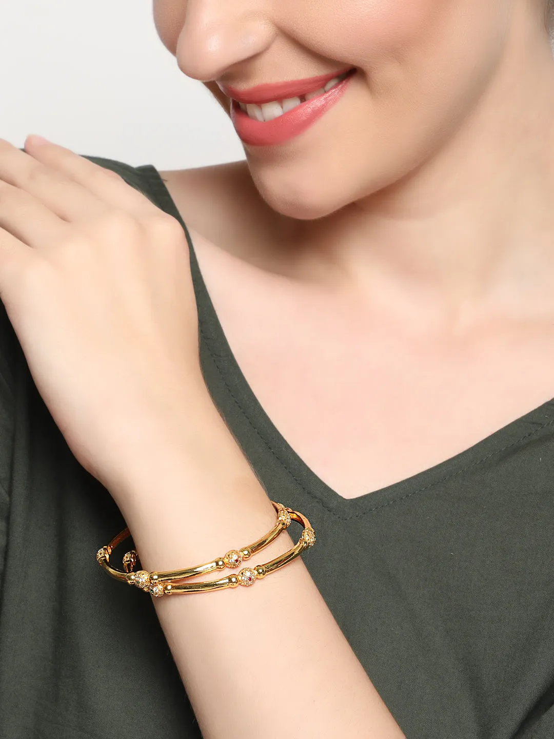 Set Of 2 Gold-Toned Beaded Designed Traditional Set Bangles