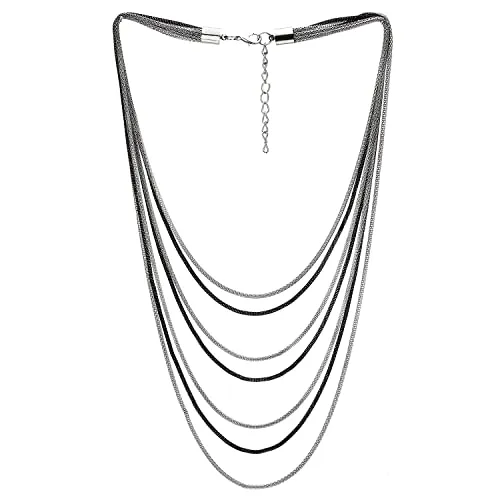 Silver Black Collar Statement Necklace Waterfall Multi-Strand Snake Chains Pendant, Minimalist