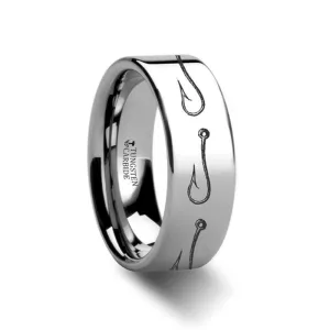 Simple Artistic Fishing Hook Pattern Engraved Flat Tungsten Ring - 4mm - 12mm