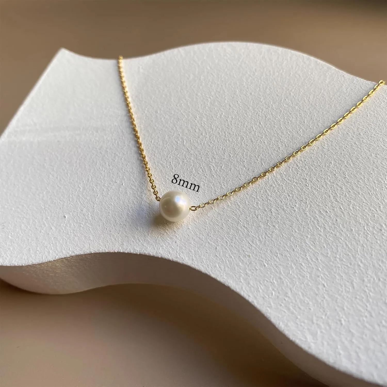 Single Pearl Necklace, 8MM Dainty Pearl Pendant Necklaces for Women, 14K Gold Strands Drop Pearl Charm Necklace, Simple Floating Gold necklace for Women as Girlfriend Brides Birthday Gifts
