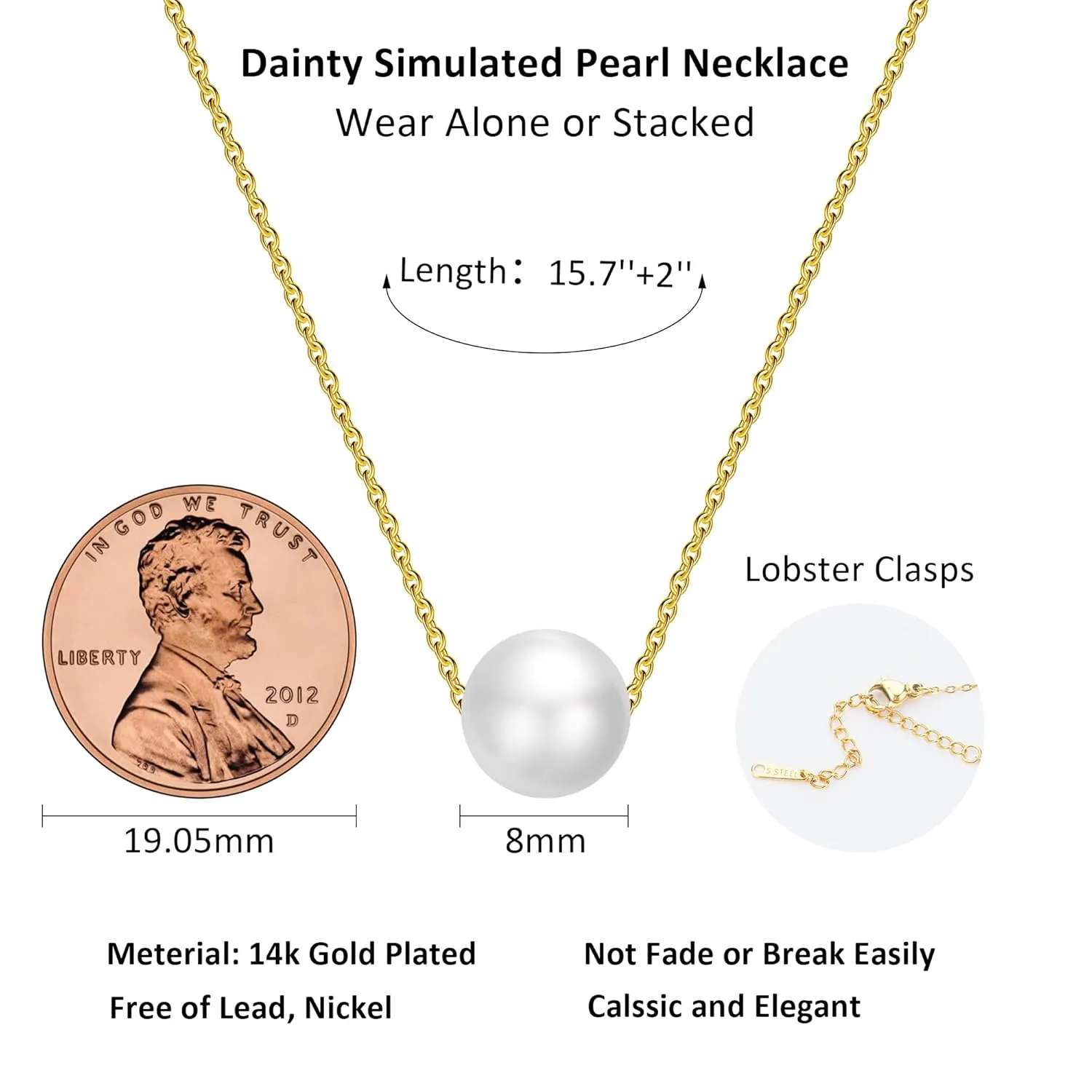 Single Pearl Necklace, 8MM Dainty Pearl Pendant Necklaces for Women, 14K Gold Strands Drop Pearl Charm Necklace, Simple Floating Gold necklace for Women as Girlfriend Brides Birthday Gifts